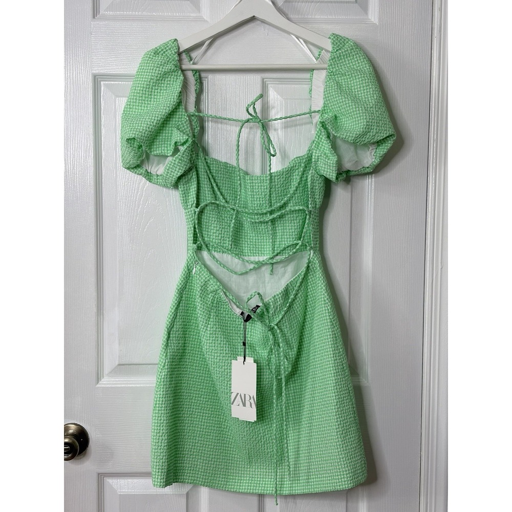 Zara Green Gingham Puff Sleeve Mini Dress Cottagecore Coquette Picnic Fairycore - Picture 3 of 7